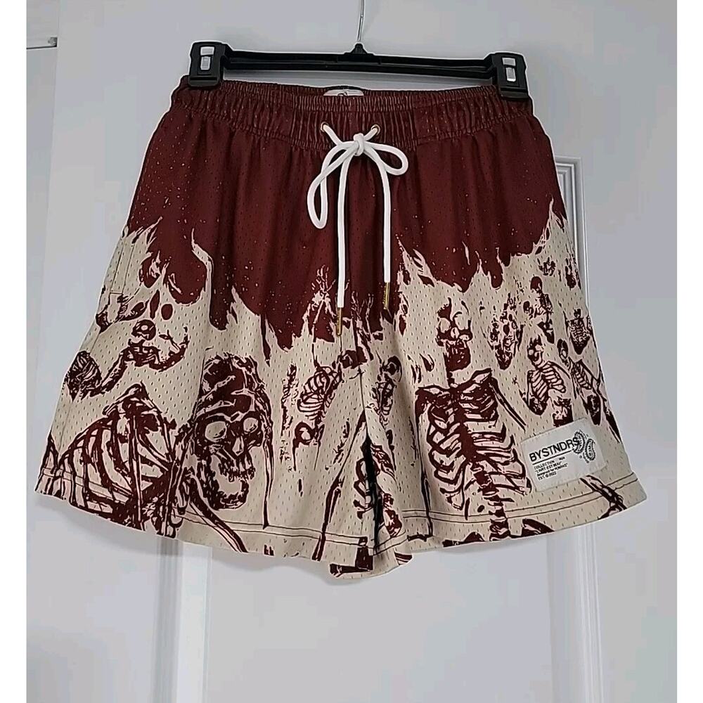 BYSTNDRS Mesh Shorts Burn In‎ Silence Burgundy/Beige Mens Medium Street Wear EUC